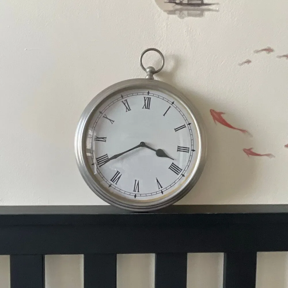 Heavy duty metal silver stainless steel stopwatch round barn farm wall clock 9”